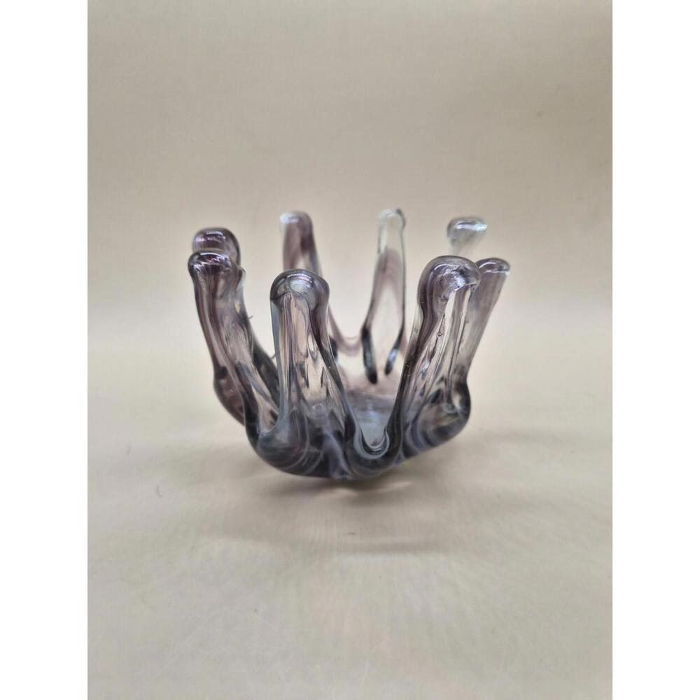 Vintage MCM stretch swung 4.5” Amethyst  8 Finger Art Glass Vase Beautiful
